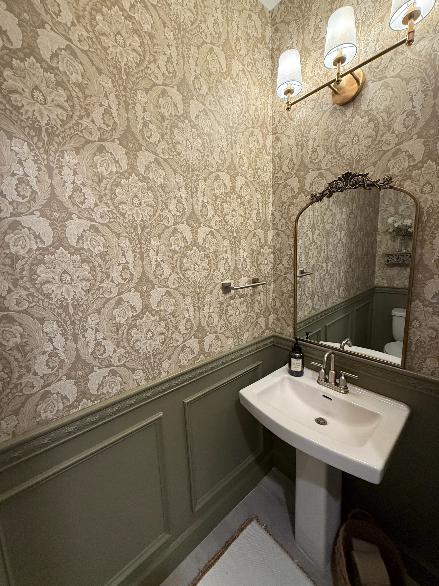 Powder room trim and wallpaper